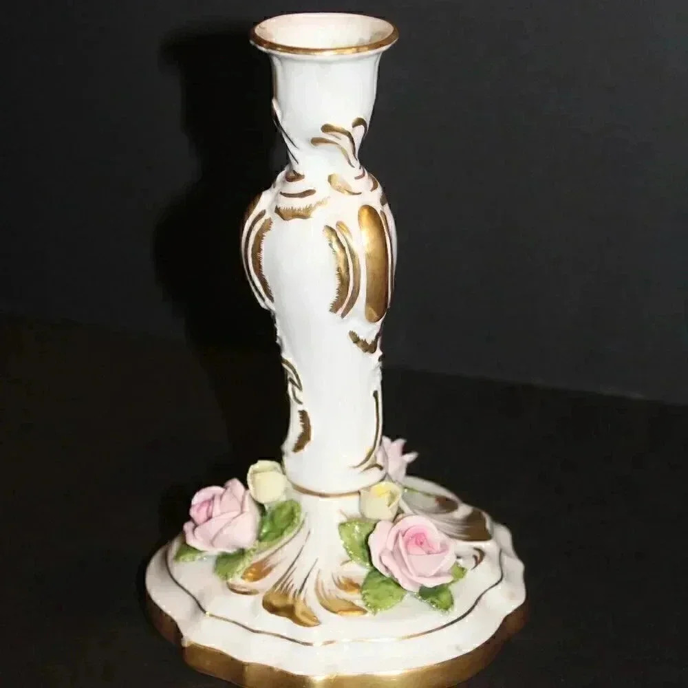 Vtg AK KAISER West Germany Porcelain Candle Holder Gold Yellow & Pink Roses
